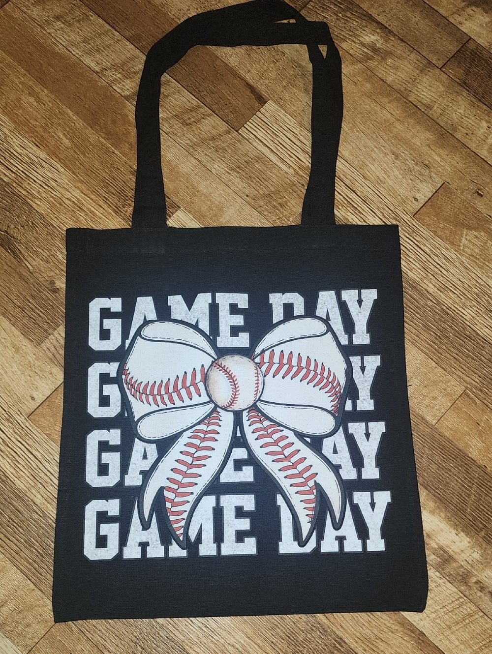 Game Day Baseball Bow Tote Bag - Black. 13x15
